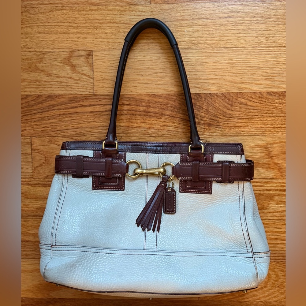 Coach White Pebbled Leather Shoulder Tote with Brown Trim and Tassel